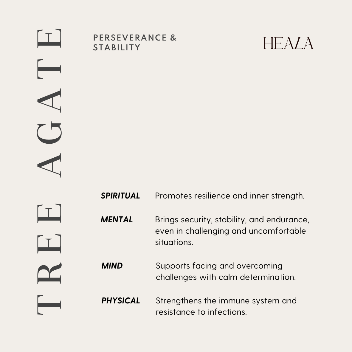 Heala Tree Agate description with benefits on a white background